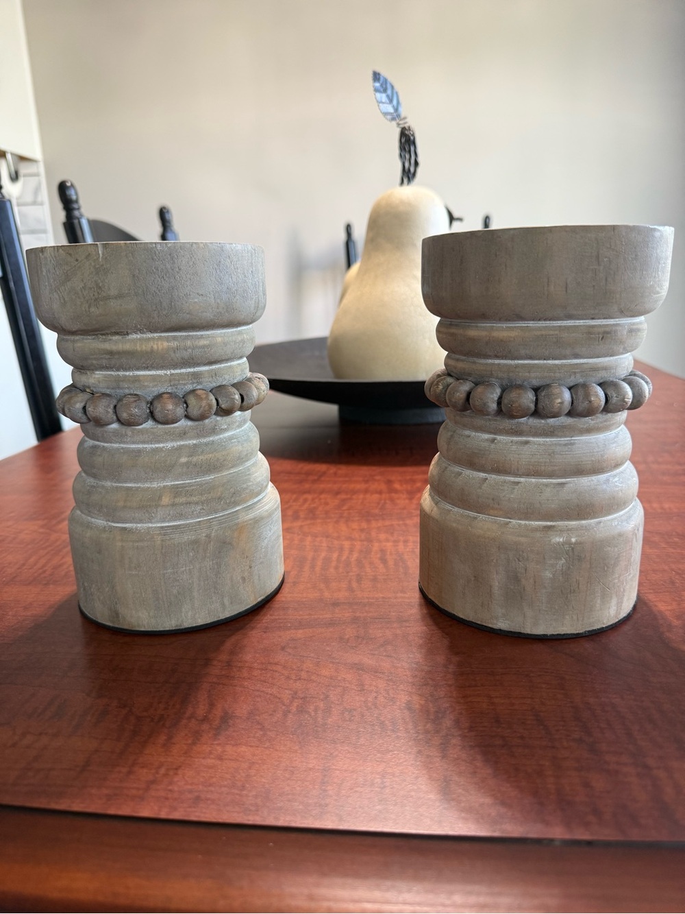 Rustic Grey/ Beige Wooden Beaded Candle Holders - Set of 2